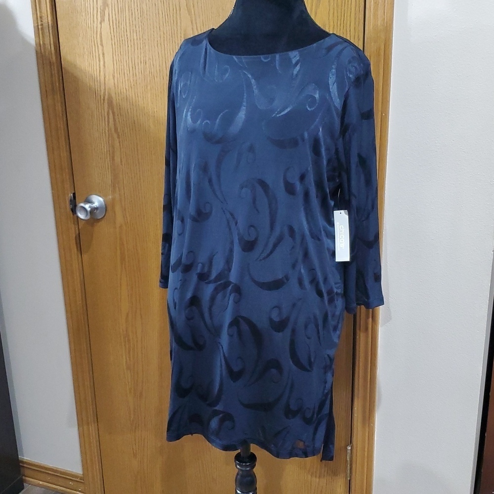 Chicos travelers NWT tunic jacard paisley 3/4 sleeve navy blue top